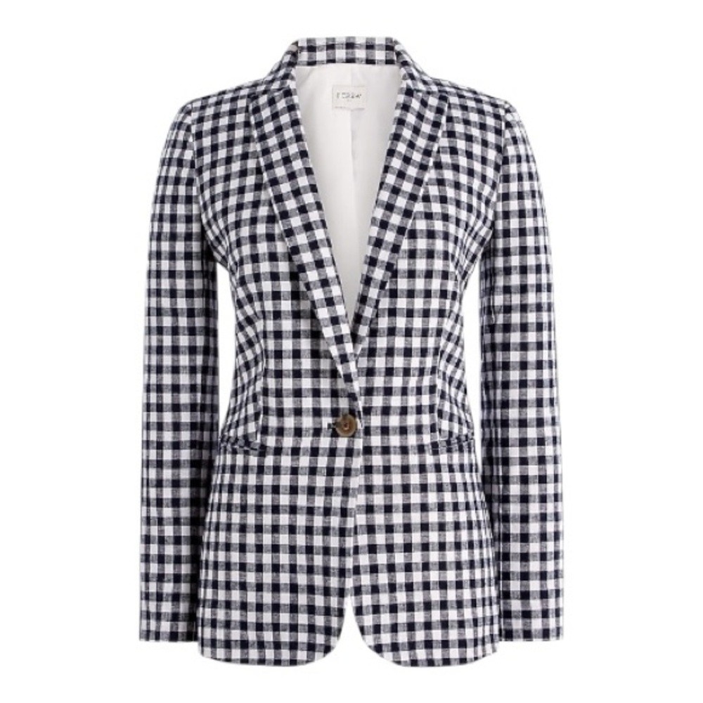 LN J. Crew Holland Navy Blue & White Gingham Linen Blend Blazer - 4